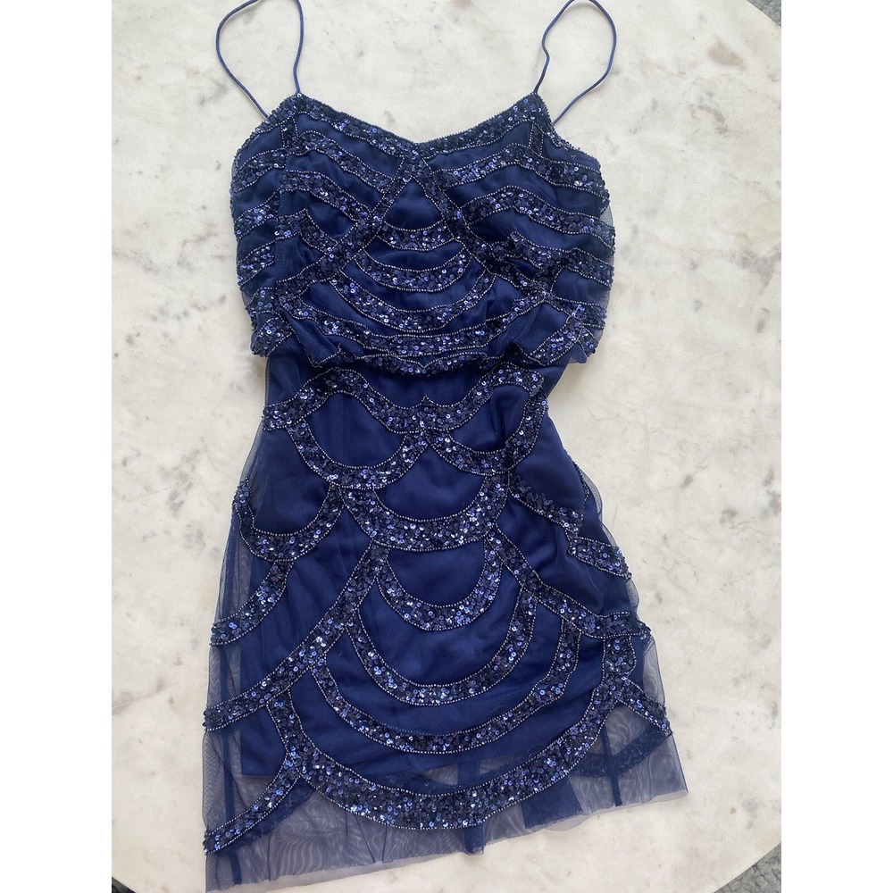 Aidan Mattox Sequin Beaded‎ Mini Dress Women 0 Navy Scalloped Art Deco Blouson